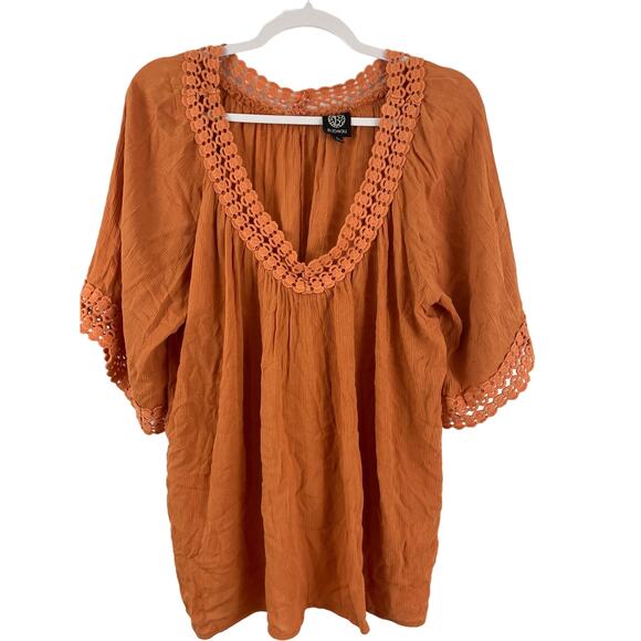 Bobeau Large L Orange Blouse Embroidered Top Lace Trim Casual Loose Boho Casual - Picture 1 of 6